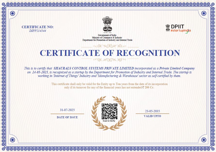 Shaurals Control Systems Pvt. Ltd. DPIIT Startup Recognition Certificate